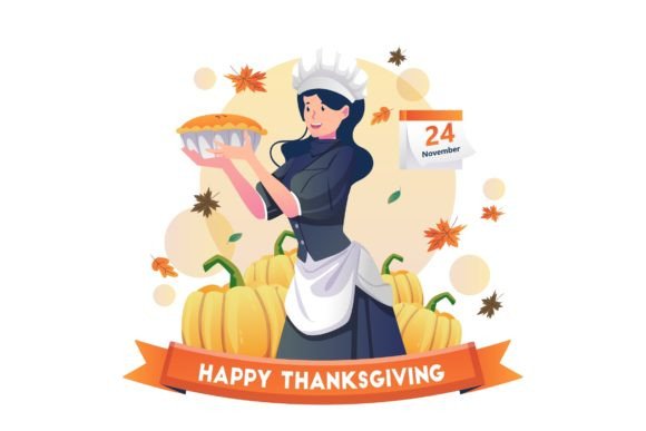 Woman Cook Thanksgiving Pie Illustration Graphics